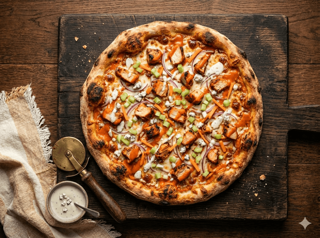 Buffalo chicken pizza — Alaeddin's signature pie