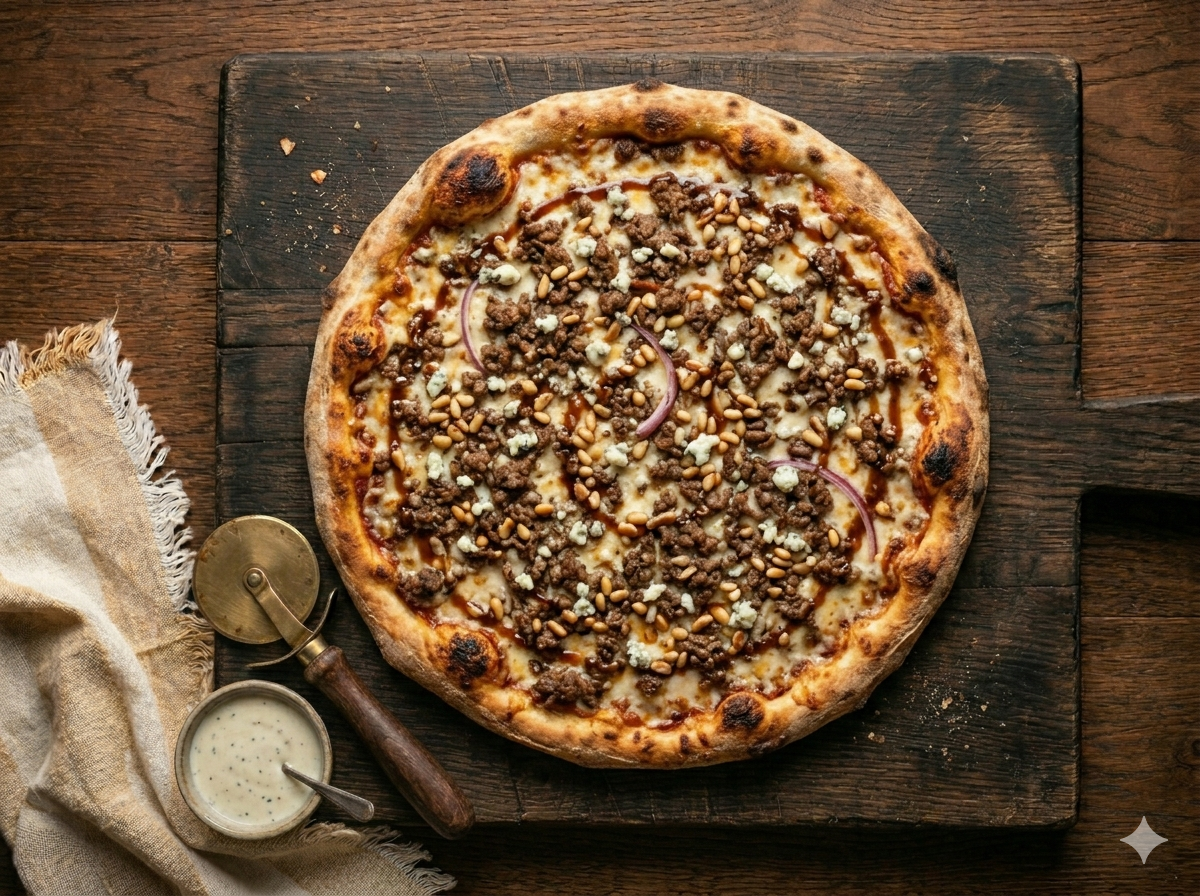 Alaeddin's Beef & Pine Nut Pizza — halal brick-oven pizza in Clifton & Paterson, NJ